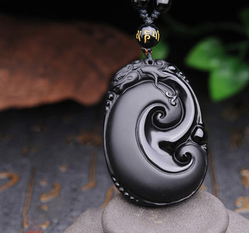 Natural Black Obsidian PiXiu Oval Pattern Strength Necklace Pendant