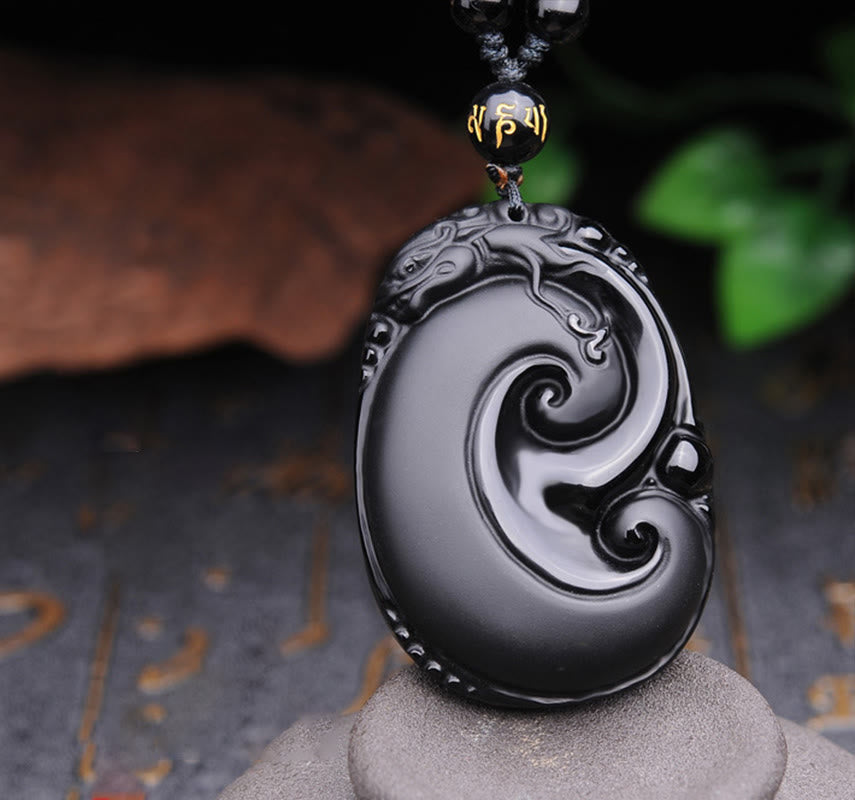 Natural Black Obsidian PiXiu Oval Pattern Strength Necklace Pendant