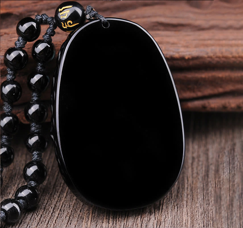 Natural Black Obsidian PiXiu Oval Pattern Strength Necklace Pendant