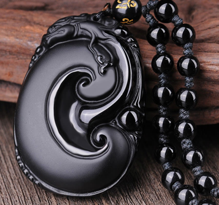 Natural Black Obsidian PiXiu Oval Pattern Strength Necklace Pendant