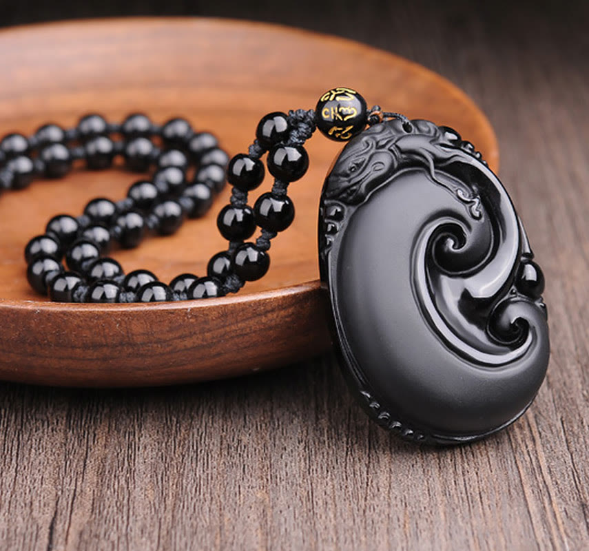 Natural Black Obsidian PiXiu Oval Pattern Strength Necklace Pendant