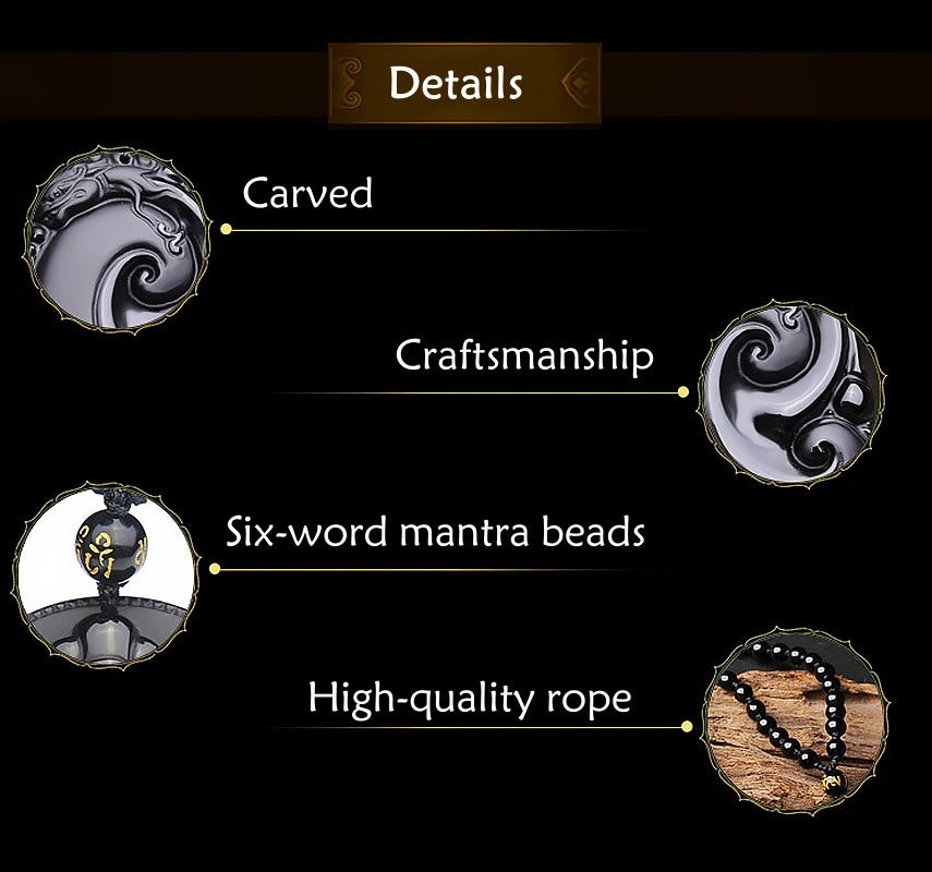 Natural Black Obsidian PiXiu Oval Pattern Strength Necklace Pendant