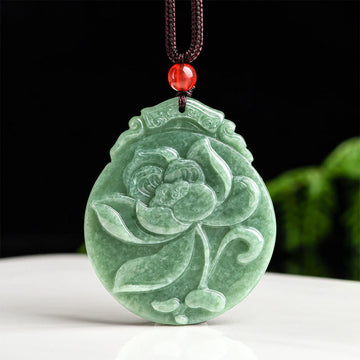 Round Lotus Pattern Jade Abundance Prosperity Necklace Rope Pendant