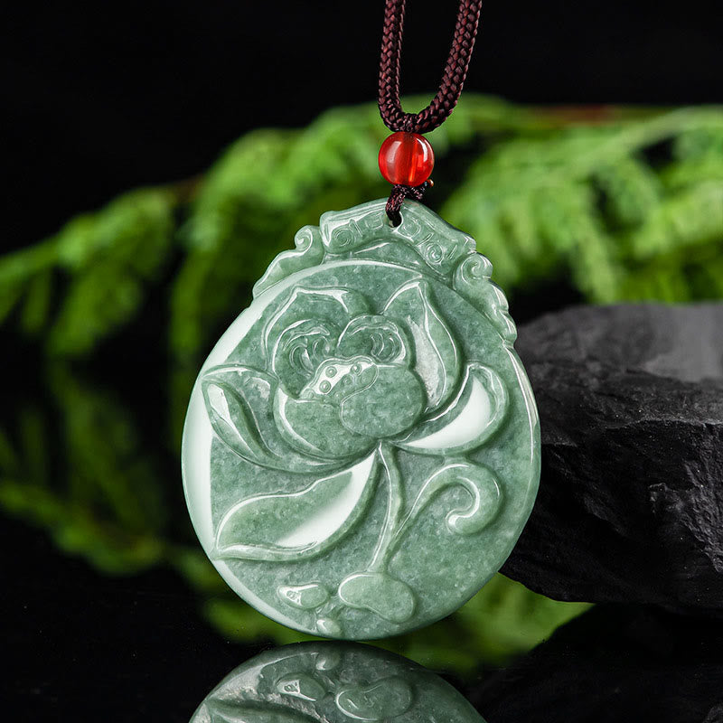 Round Lotus Pattern Jade Abundance Prosperity Necklace Rope Pendant