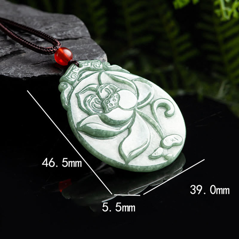 Round Lotus Pattern Jade Abundance Prosperity Necklace Rope Pendant