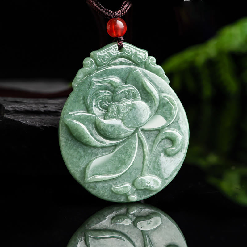 Round Lotus Pattern Jade Abundance Prosperity Necklace Rope Pendant