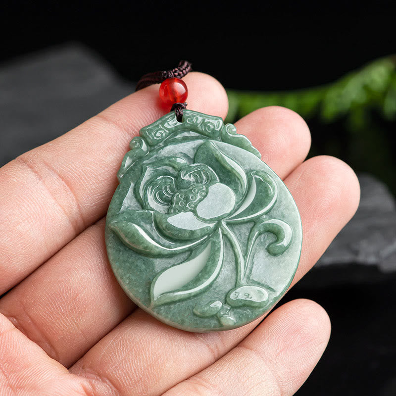 Round Lotus Pattern Jade Abundance Prosperity Necklace Rope Pendant