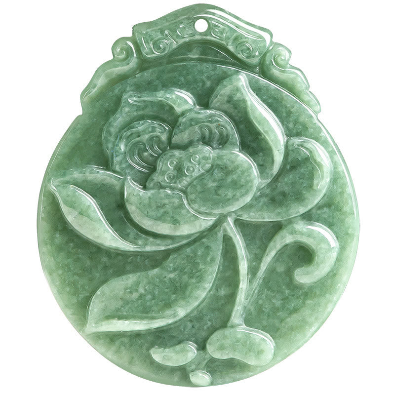 Round Lotus Pattern Jade Abundance Prosperity Necklace Rope Pendant