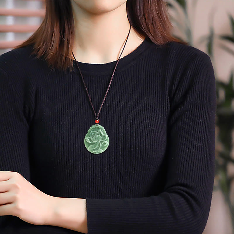 Round Lotus Pattern Jade Abundance Prosperity Necklace Rope Pendant