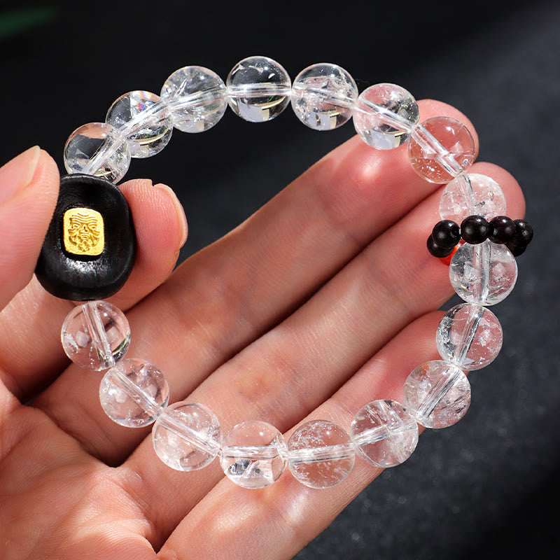 White Crystal Ebony Wood Sak Yant Zashi Lhamo Healing Bracelet