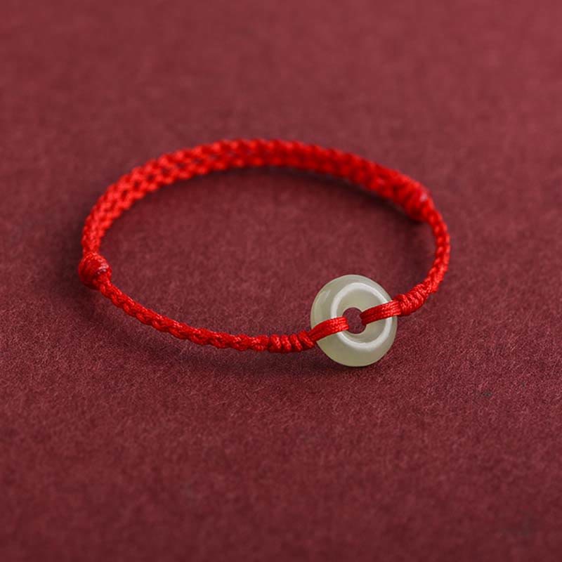 Natural Hetian Jade Ping An Kou Peace Buckle Red String Braided Bracelet Anklet