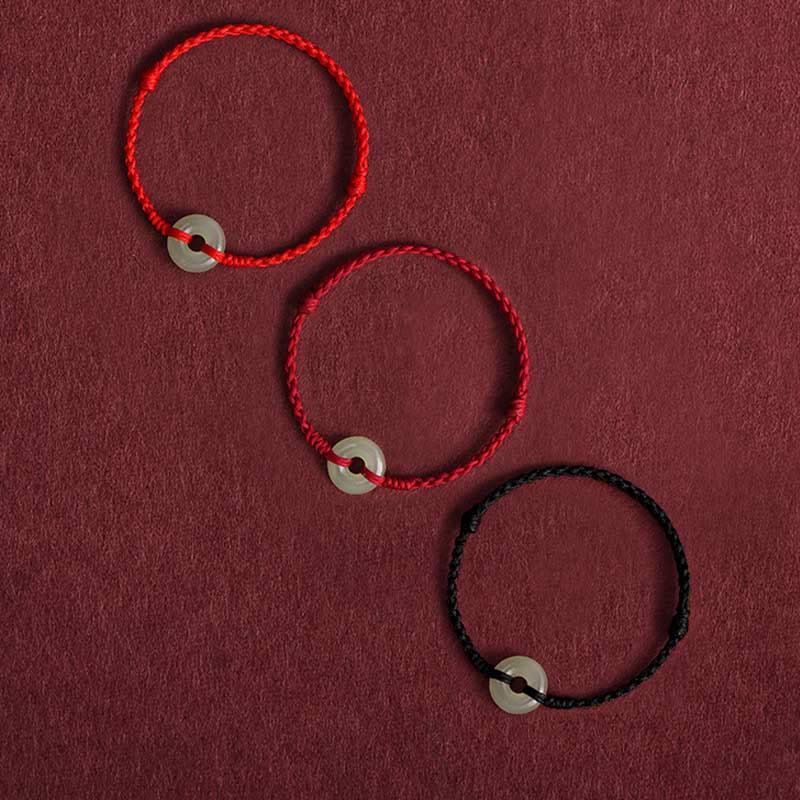 Natural Hetian Jade Ping An Kou Peace Buckle Red String Braided Bracelet Anklet