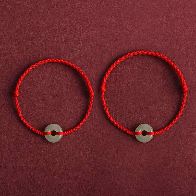 Natural Hetian Jade Ping An Kou Peace Buckle Red String Braided Bracelet Anklet