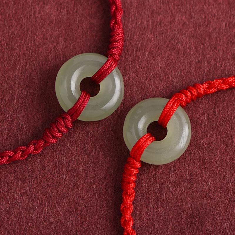 Natural Hetian Jade Ping An Kou Peace Buckle Red String Braided Bracelet Anklet