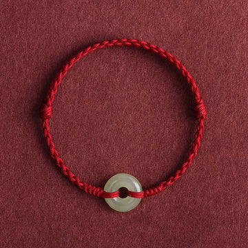 Natural Hetian Jade Ping An Kou Peace Buckle Red String Braided Bracelet Anklet