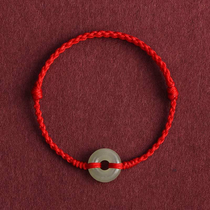 Natural Hetian Jade Ping An Kou Peace Buckle Red String Braided Bracelet Anklet