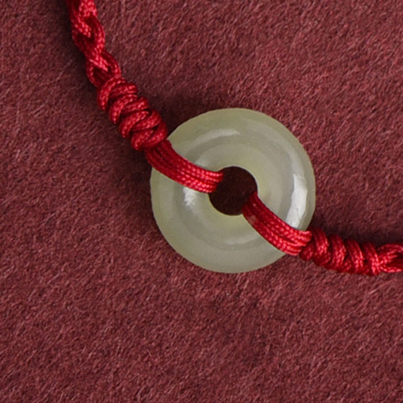 Natural Hetian Jade Ping An Kou Peace Buckle Red String Braided Bracelet Anklet