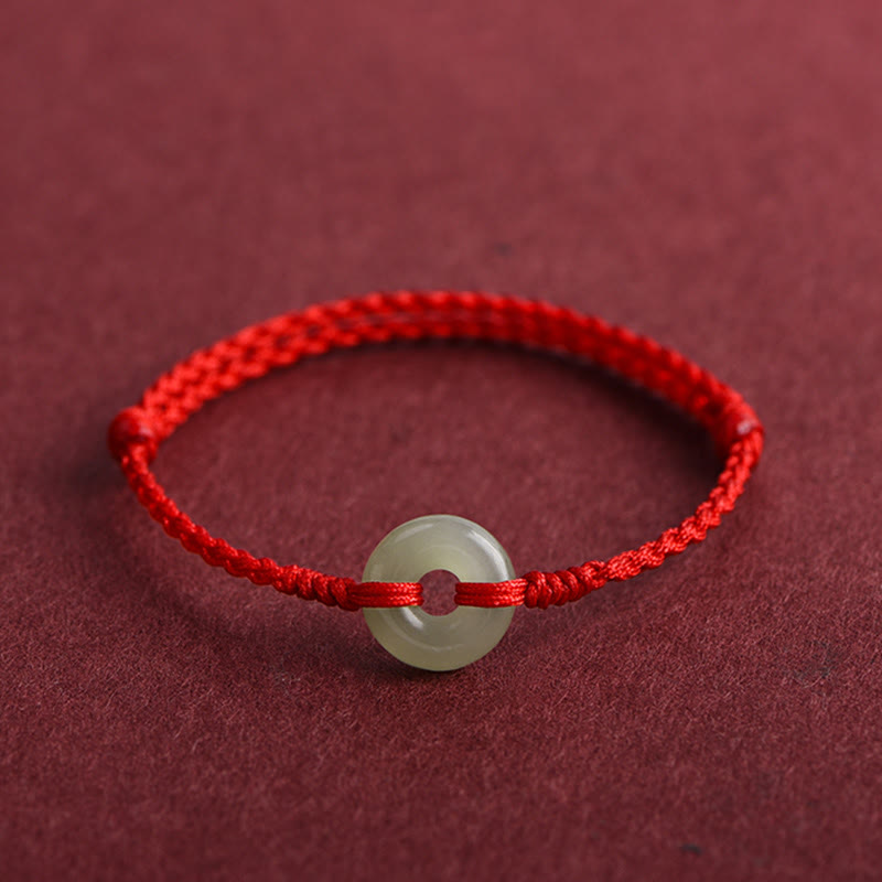 Natural Hetian Jade Ping An Kou Peace Buckle Red String Braided Bracelet Anklet