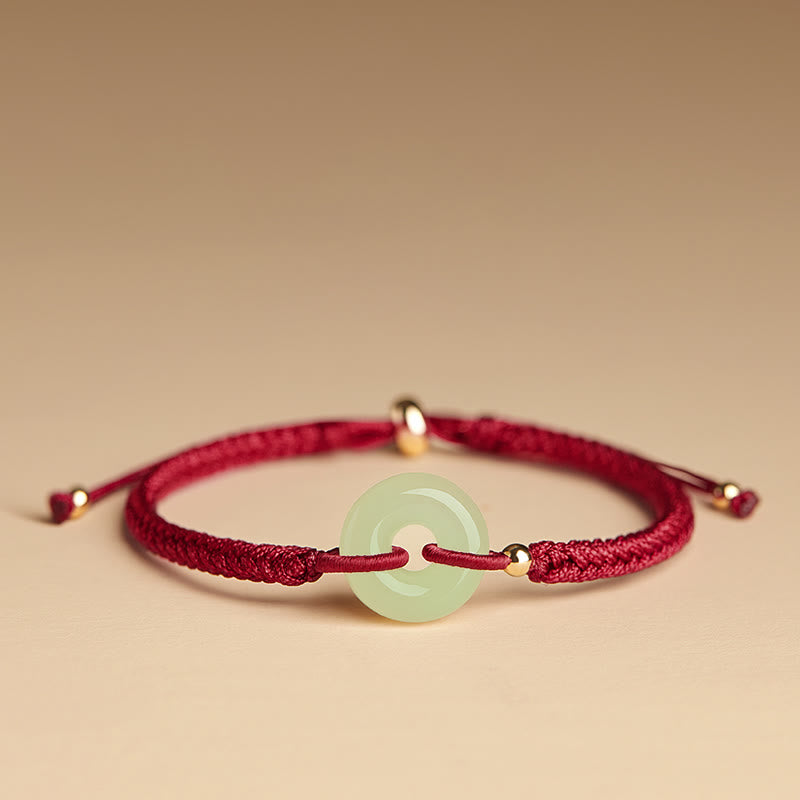 Natural Hetian Jade Peace Buckle Fu Character Protection Luck Braided Bracelet