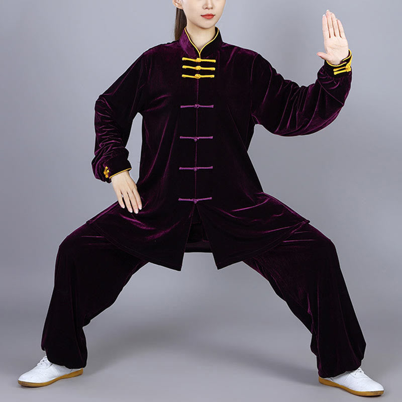 2Pcs Fall Winter Tai Chi Qigong Practice Unisex Frog-Button Meditation Velour Clothing Set