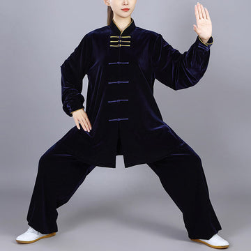 2Pcs Fall Winter Tai Chi Qigong Practice Unisex Frog-Button Meditation Velour Clothing Set