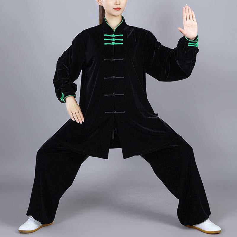 2Pcs Fall Winter Tai Chi Qigong Practice Unisex Frog-Button Meditation Velour Clothing Set