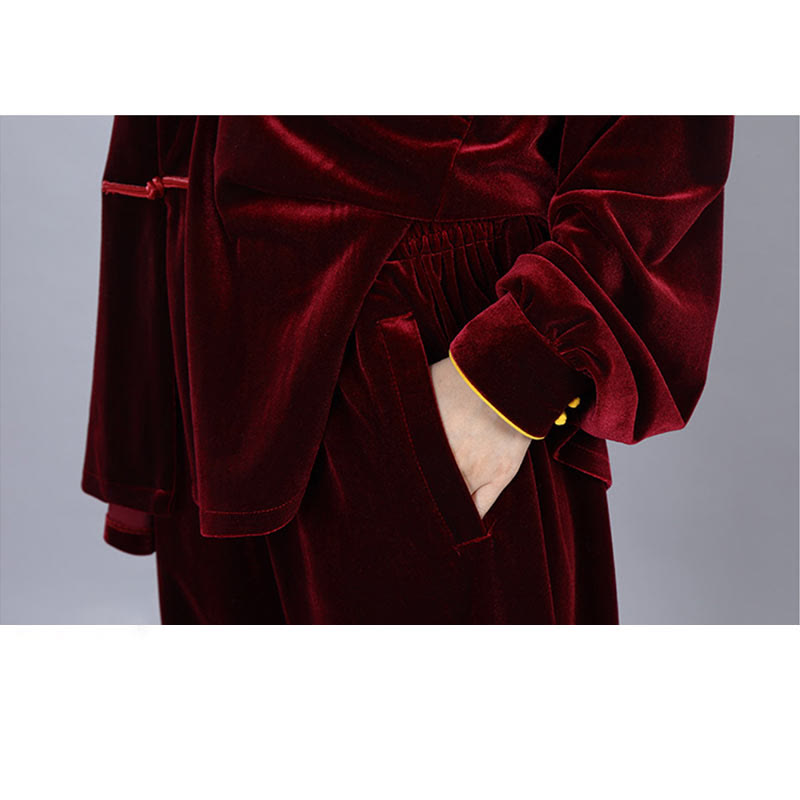 2Pcs Fall Winter Tai Chi Qigong Practice Unisex Frog-Button Meditation Velour Clothing Set