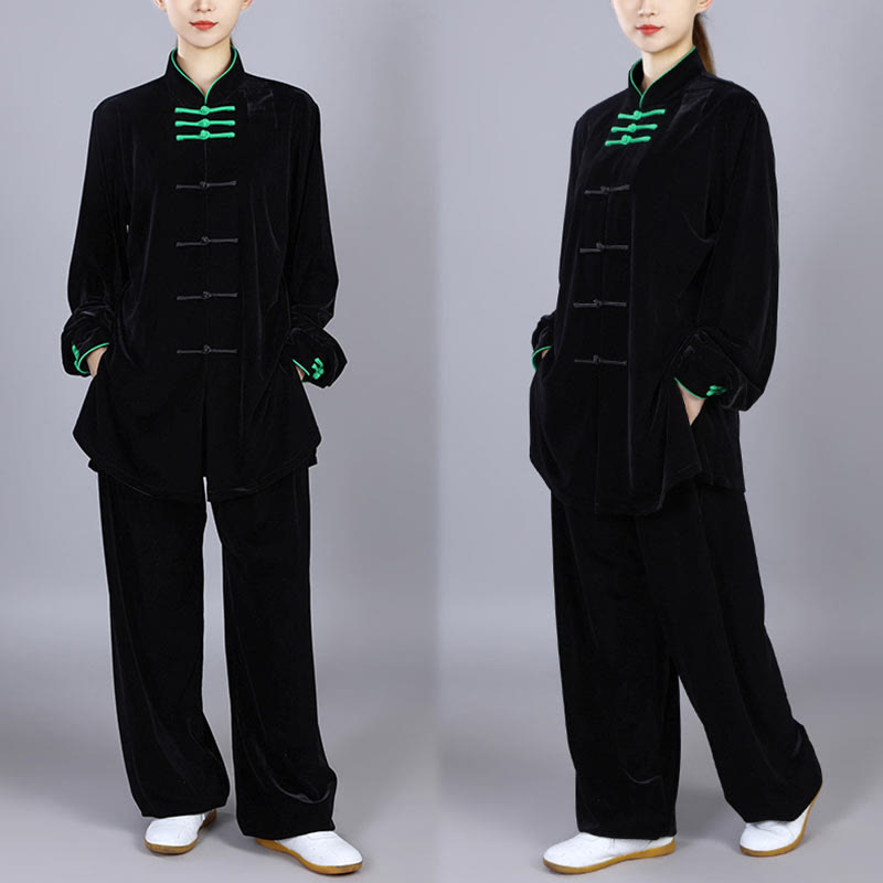 2Pcs Fall Winter Tai Chi Qigong Practice Unisex Frog-Button Meditation Velour Clothing Set