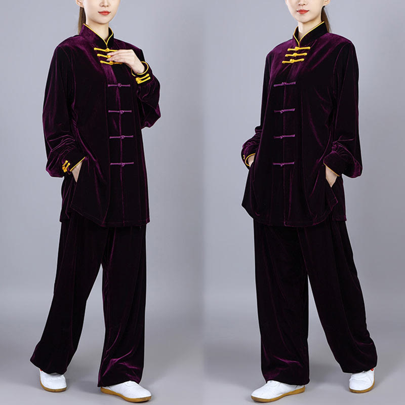 2Pcs Fall Winter Tai Chi Qigong Practice Unisex Frog-Button Meditation Velour Clothing Set