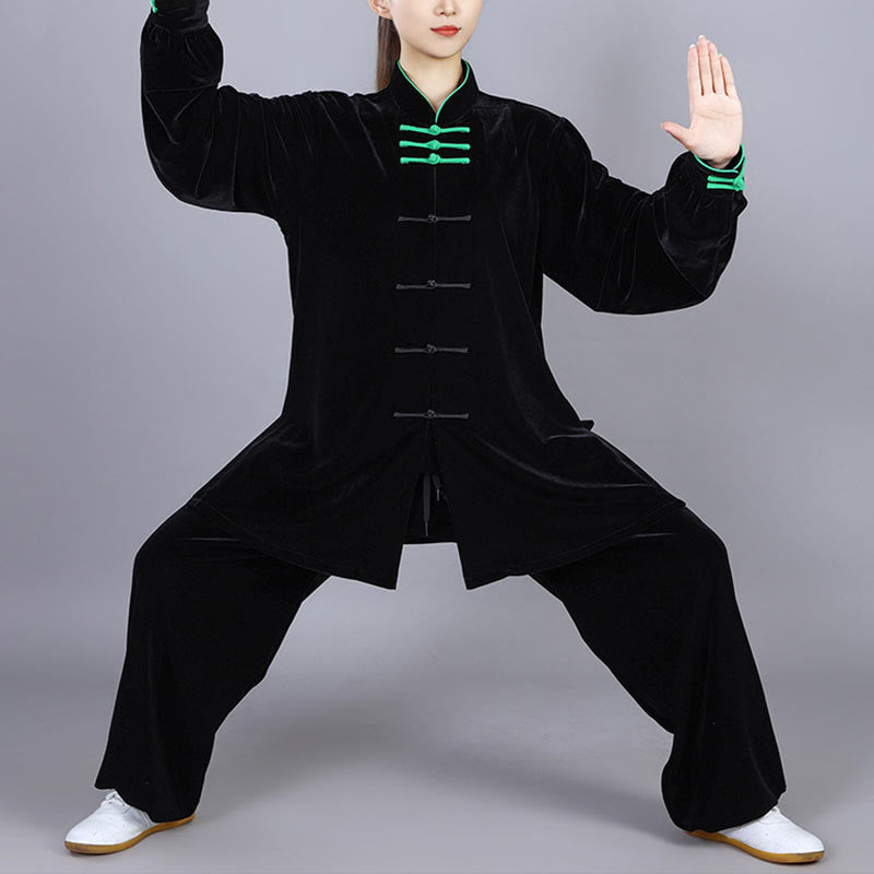 2Pcs Fall Winter Tai Chi Qigong Practice Unisex Frog-Button Meditation Velour Clothing Set