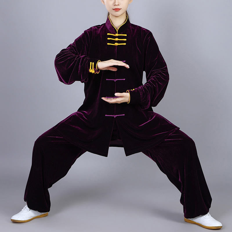 2Pcs Fall Winter Tai Chi Qigong Practice Unisex Frog-Button Meditation Velour Clothing Set