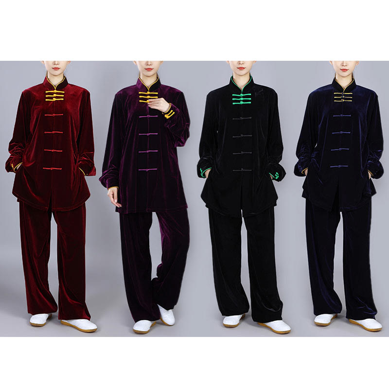 2Pcs Fall Winter Tai Chi Qigong Practice Unisex Frog-Button Meditation Velour Clothing Set