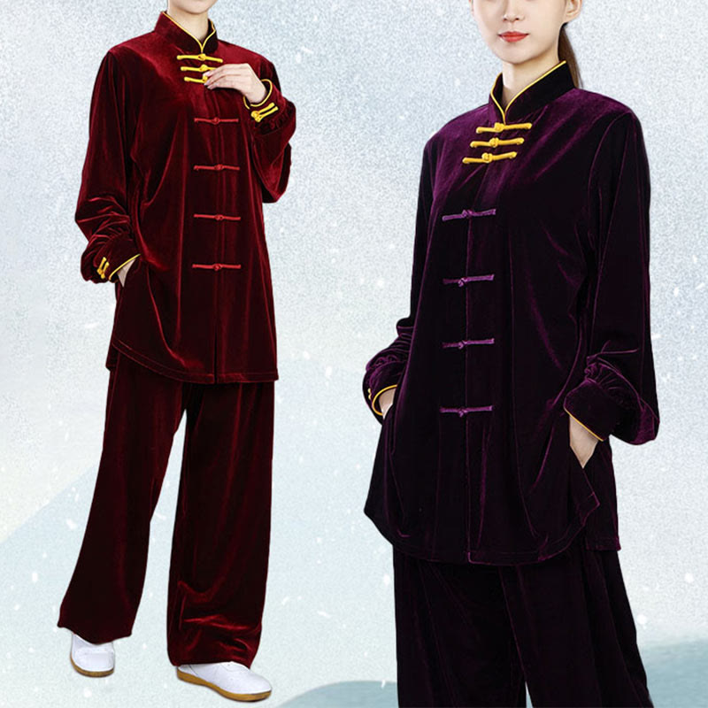 2Pcs Fall Winter Tai Chi Qigong Practice Unisex Frog-Button Meditation Velour Clothing Set