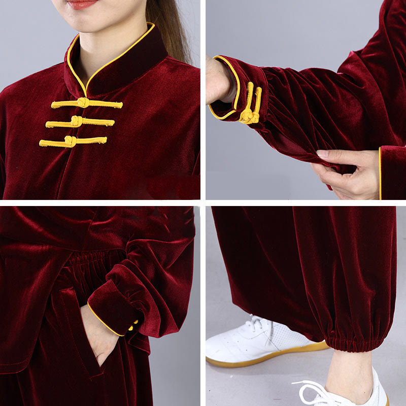 2Pcs Fall Winter Tai Chi Qigong Practice Unisex Frog-Button Meditation Velour Clothing Set