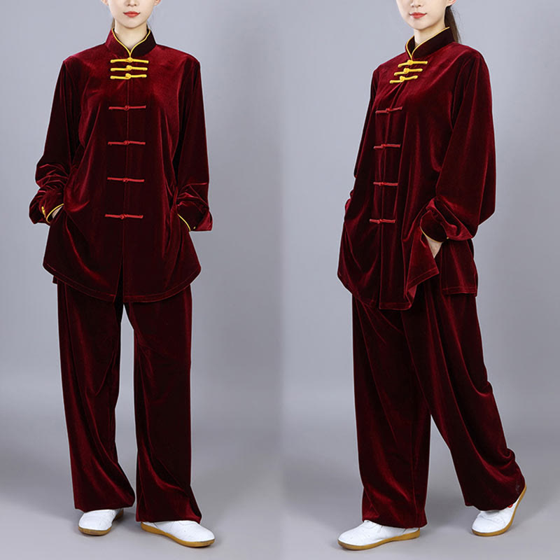 2Pcs Fall Winter Tai Chi Qigong Practice Unisex Frog-Button Meditation Velour Clothing Set