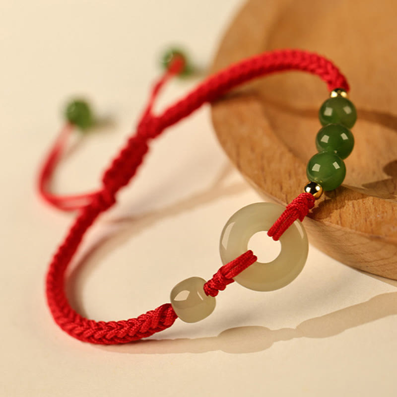 Natural Hetian Jade Peace Buckle Red String Protection Luck Bracelet