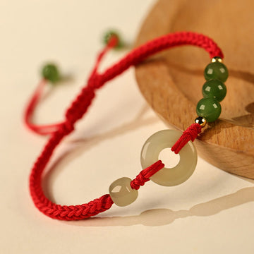 Natural Hetian Jade Peace Buckle Red String Protection Luck Bracelet