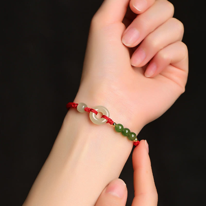 Natural Hetian Jade Peace Buckle Red String Protection Luck Bracelet