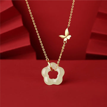 925 Sterling Silver Butterfly Hetian Jade Flower Blessing Necklace Pendant