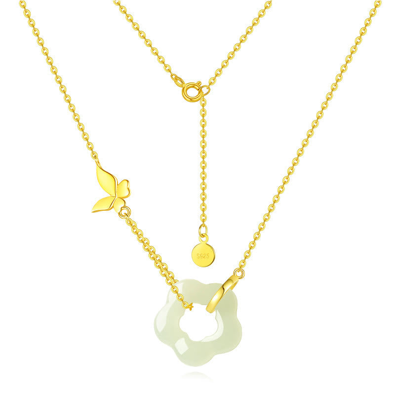 925 Sterling Silver Butterfly Hetian Jade Flower Blessing Necklace Pendant