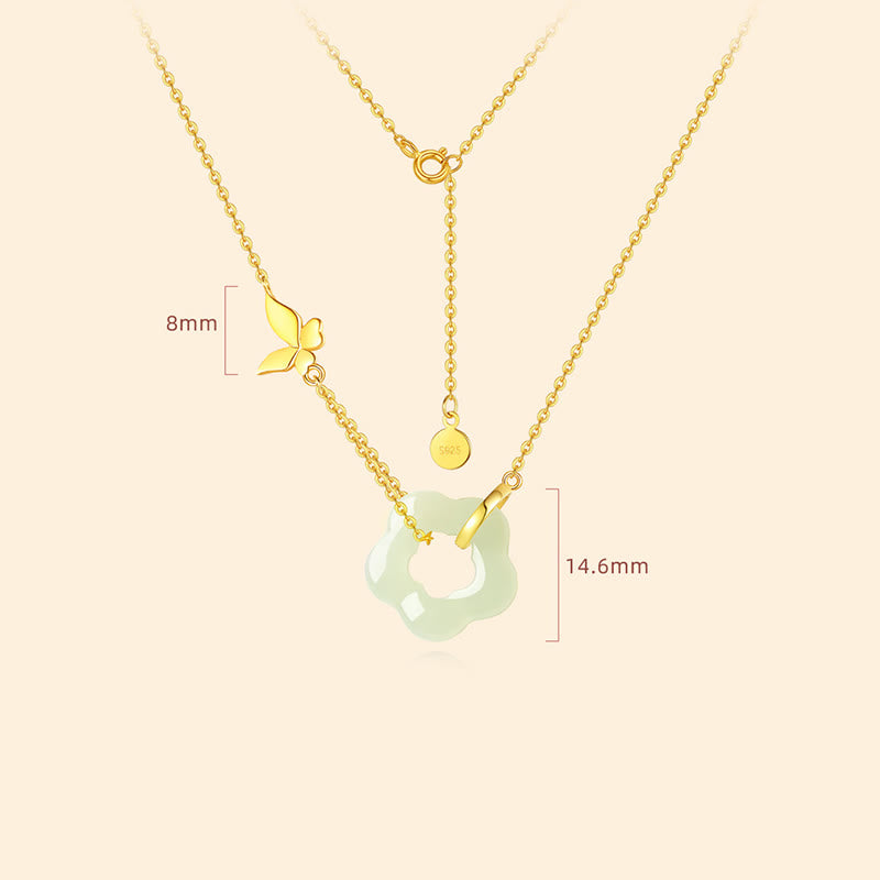 925 Sterling Silver Butterfly Hetian Jade Flower Blessing Necklace Pendant