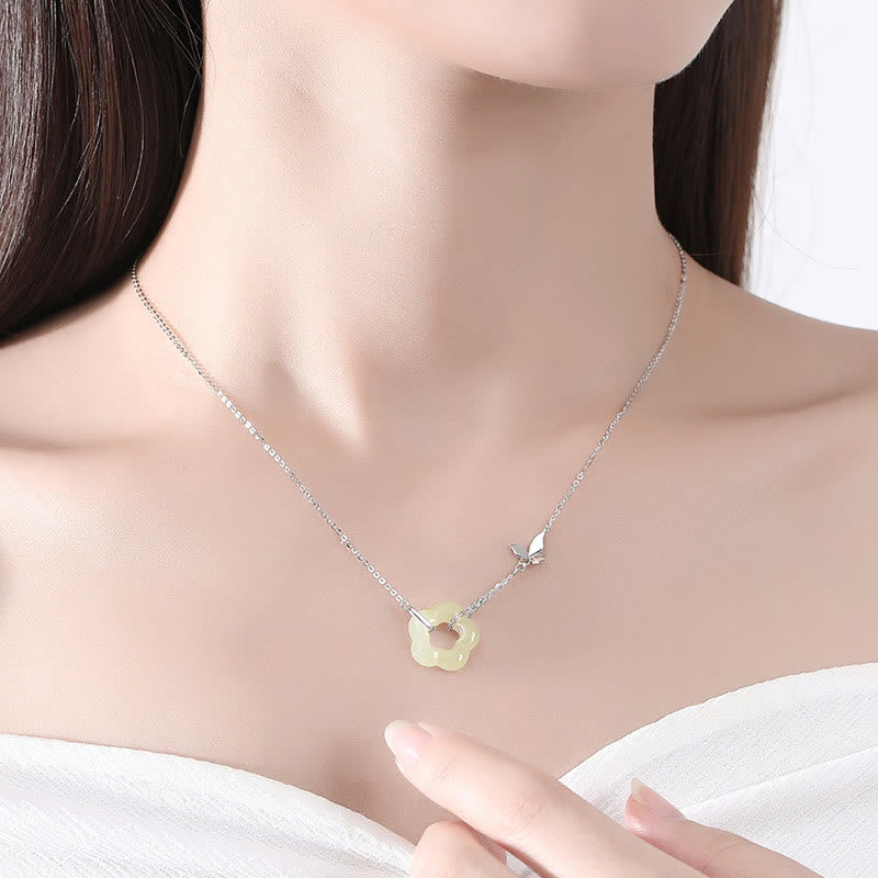 925 Sterling Silver Butterfly Hetian Jade Flower Blessing Necklace Pendant