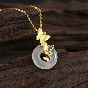 925 Sterling Silver Butterfly Chalcedony Peace Buckle Blessing Luck Necklace Pendant