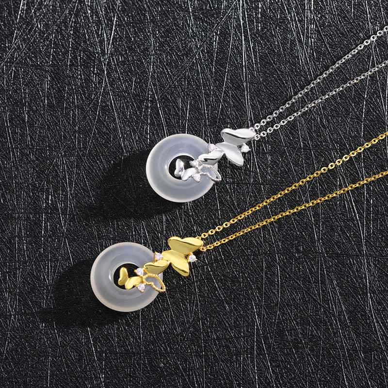 925 Sterling Silver Butterfly Chalcedony Peace Buckle Blessing Luck Necklace Pendant