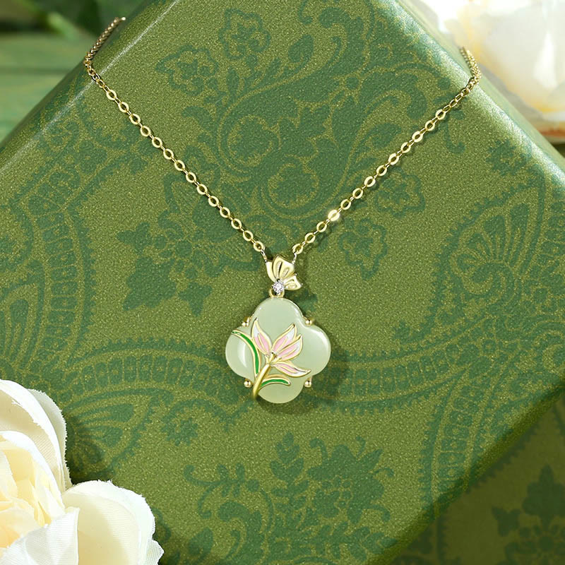 925 Sterling Silver Magnolia Butterfly Hetian Jade Four Leaf Clover Blessing Earrings Necklace Pendant