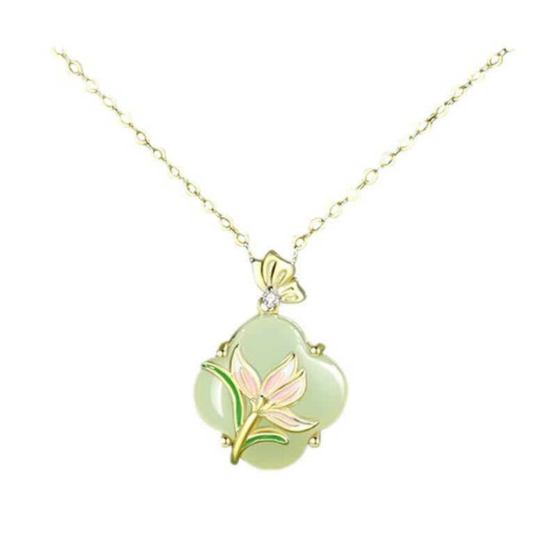 925 Sterling Silver Magnolia Butterfly Hetian Jade Four Leaf Clover Blessing Earrings Necklace Pendant