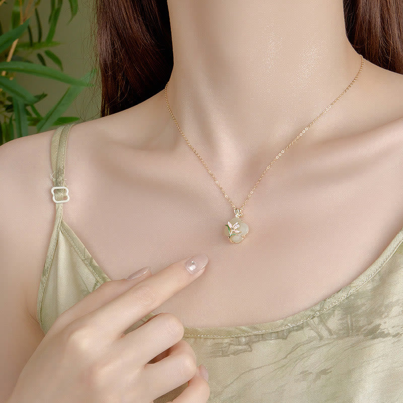 925 Sterling Silver Magnolia Butterfly Hetian Jade Four Leaf Clover Blessing Earrings Necklace Pendant