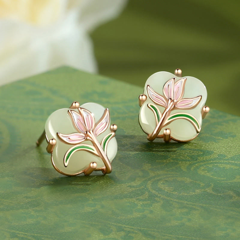 925 Sterling Silver Magnolia Butterfly Hetian Jade Four Leaf Clover Blessing Earrings Necklace Pendant