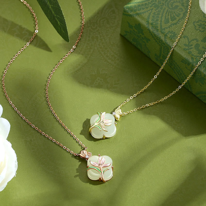925 Sterling Silver Magnolia Butterfly Hetian Jade Four Leaf Clover Blessing Earrings Necklace Pendant