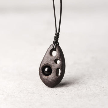 Handcrafted Hollow Ebony Wood and Inlaid Black Obsidian Pendant Necklace